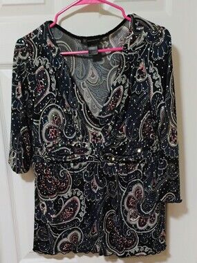 INC International Concepts Black Paisley V-Neck Blouse with Sparkle